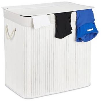Cesto de Ropa Sucia Rectangular de Bambú con Tapa y 3 Compartimentos, 62 x 62,5 x 42,5 cm, Blanco