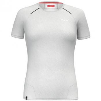 Camiseta de senderismo Salewa PEDROC DRY HYB T-SHIRT blanca Mujer, de manga corta, fabricada con tecnología Dry, híbrida, diseñada para actividades al aire libre