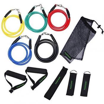 Tunturi Juego de Bandas de Resistencia Multifuncional con 5 Niveles, Incluye 1 Tobillera, 2 Asas, 1 Anclaje para Puerta y Cinta de Entrenamiento