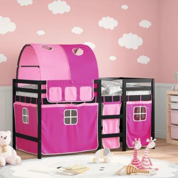 Cama alta infantil con túnel de madera de pino macizo en color rosa, dimensiones 90x200 cm