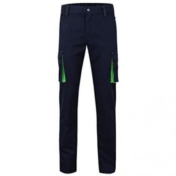Pantalón de Trabajo Velilla Stretch Bicolor 103024S Slim Fit Elástico Doble Costura de Seguridad Multibolsillos Color Azul Navy y Verde Lima Talla 34