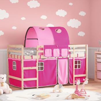 Cama alta infantil con túnel de pino macizo rosa 90x200 cm