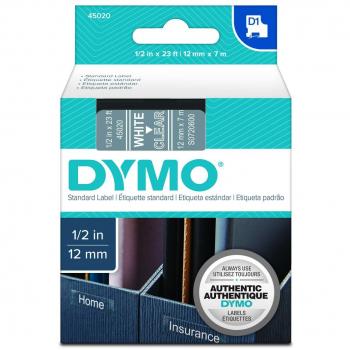 Cinta Laminada Dymo D1 45020 12 mm Blanco Transparente para Rotuladoras LabelManager™ (5 Unidades)