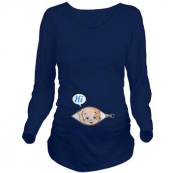 Q.KIM Camiseta divertido estampada de Manga Larga Premamá para Mujer Embarazo Lactancia T-shirt-Hi baby,Azul M