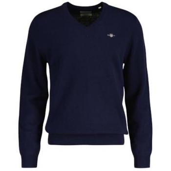 Suéter de V con Logotipo GANT Lana de Cordero Extrafina Talla XXL, Azul Marino