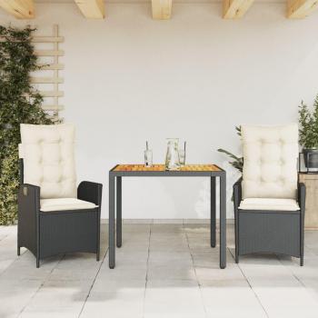 3-Piece Black Poly Rattan Garden Dining Set with Cushions