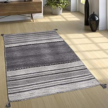 Alfombra Kilim Moderna Tejida a Mano 100% Algodón Rayas Gris 160x220 cm