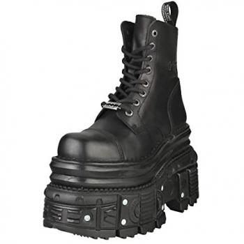 New Rock Unisex Black Metallic Leather Military Boots - Model Mili083cct-C4 - Size EU 41
