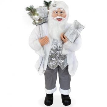 Papá Noel Decoración Navideña Terciopelo Blanco y Plateado 120 Cm Luces y Sonido