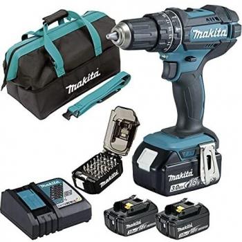 Makita DHP482RFX3 DHP482RFX3-Taladro Atornillador de percusión + 3 baterías de 18 V, 3 Ah, Ion de Litio, Estuche de Accesorios y Bolsa de Transporte