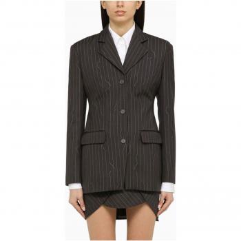 Off-White Women's Pinstriped Blazer in Blue, Size 40, OWEF123S24FAB0030707