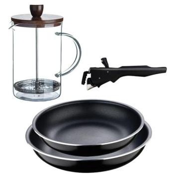 Juego de 2 Sartenes Ø22cm y Ø26cm Click&Cook con Mango Extraíble en Aluminio Prensado + Delantal de Cocina Gris Oscuro 100% Algodón + Cafetera de Émbolo de