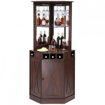 VEVOR Industrial Corner Bar Cabinet with Wine Table for Liquor and Glasses, Freestanding MDF Wood Coffee Buffet
