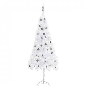 Árbol de Navidad de esquina LED y bolas PVC blanco 210 cm