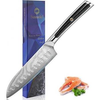 Sunnecko Cuchillo Santoku 12,7cm Cuchillos de Cocina Damasco Profesionales Cuchillos Cocinero Afilada para Frutas Verduras Carne, Acero de Damasco Japonés VG-10, Mango ergonómico G10 -Serie élite