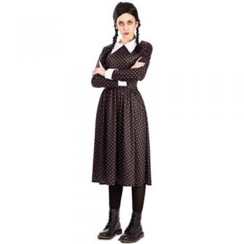 Disfraz de Niña Gótica para mujer - Disfraz de Miércoles Gótica con vestido negro, detalles en encaje, mangas largas, cuello alto y diadema incluida