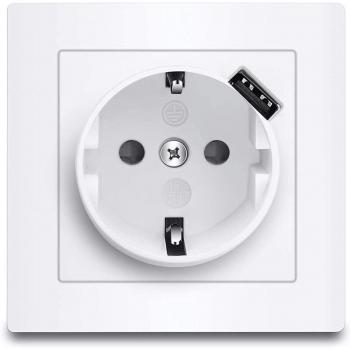 Base Enchufe Schuko Empotrado de Pared con USB y Obturador de Seguridad, Blanco