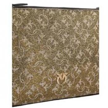 Pinko Classic Monogram Rhinestone Flat Shoulder Bag with Chain Strap in Gold and Bronze
