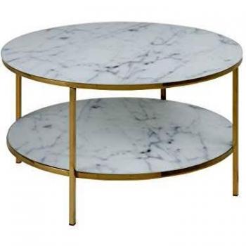 Mesa de café redonda Alisma con tapa de mármol blanco y patas doradas, 80 cm