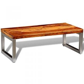 vidaXL Madera de Sheesham Maciza Mesa de Centro Patas de Acero Mesita de Café