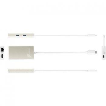 J5 Create USB Type-C Multi-Adapter Hub with HDMI, RJ-45, and USB 3.0 - Gold/White, 4K Resolution
