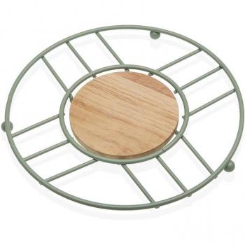 Salvamantel Verde de Hierro y Madera de Caucho - 20x1.2x20cm - Resistente Al Calor