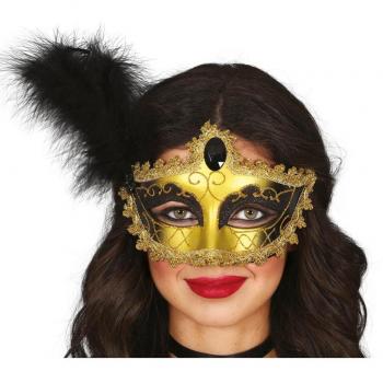 Antifaz de Carnaval para Adulto con Pluma Dorado y Negro
