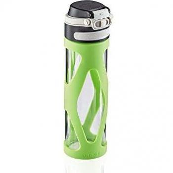 Leifheit Botella de cristal Flip de 600 ml, botella reutilizable 100% hermética, se abre con una mano, botella deportiva sin BPA, con filtro, verde