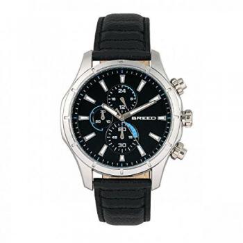 Breed Lacroix Men's Chronograph Leather Band Watch - Black & Silver with 24-Hour Sub-Dial