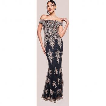 Goddiva Bardot Sequin Embroidered Maxi Dress - Champagne
