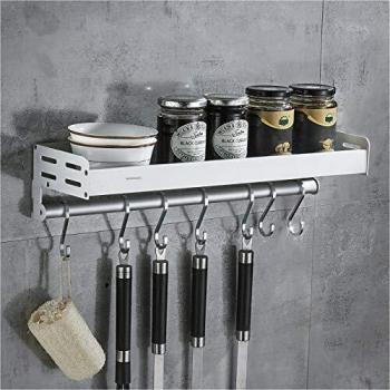 Wangel Estante de Cocina con 7 Ganchos, Organizadores para Utensilios de Cocina, Organizador para Especias, Pegamento Patentado + Autoadhesivo, Aluminio, Acabado Mate, 40CM