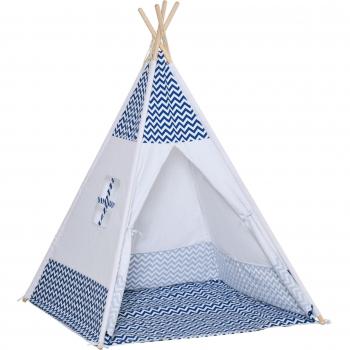 Tienda de Campaña para Niños Tipi de Madera con Ventana y Colchoneta 120x120x155 cm Azul