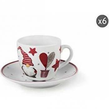 Excelsa Gnomo Christmas - Juego de 6 tazas de café con platillo, 90 cl, de porcelana