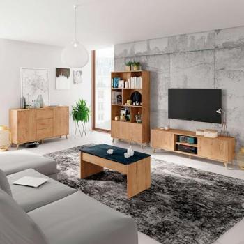 Muebles de Salón Comedor Modernos Oslo (Mueble de TV + Aparador + Librería + Mesa de Centro) Color Roble Dorado