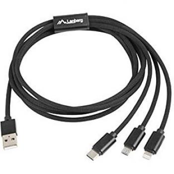 COMBO CABLE USB LANBERG CA-3IN1-13CC-0018-BK CONECTORES A MICROUSB MACHO / LIGHTNING MACHO / USB TIPO C MACHO 1.8M NEGRO