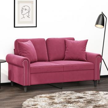 Sofá de 2 plazas en terciopelo rojo tinto con almohadas, dimensiones 120 cm