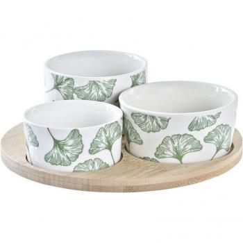 Set de Aperitivo Tropical con Diseño de Hojas en Gres y Bambú - Pack 4 Piezas