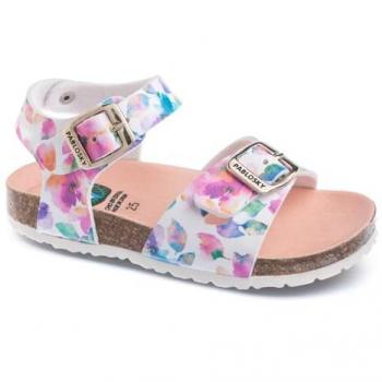 Sandalias de niña Pablosky 423400 blancas con tiras, hebillas y mariposas de materiales reciclados