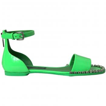 Dolce & Gabbana Crystal-Embellished Neon Green Ankle Strap Flat Sandals - EU39/US8.5