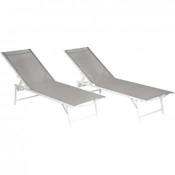 Tumbonas plegables de acero blanco y textileno gris - Lote de 2 Happy Garden