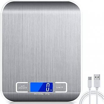 Báscula de Cocina Peso Cocina Digital - Raniaco 2 en 1 - USB o Carga de Batería Balanza Cocina, Peso Cocina Digital con Pantalla LCD de Hasta 5 kg, Bascula Digital de acero inoxidable, plateada