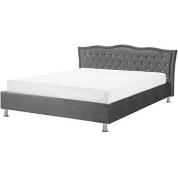 Cama King Size de Terciopelo Gris Oscuro 160 x 200 cm con Cabecero Tapizado y Botones de Cristal Metz