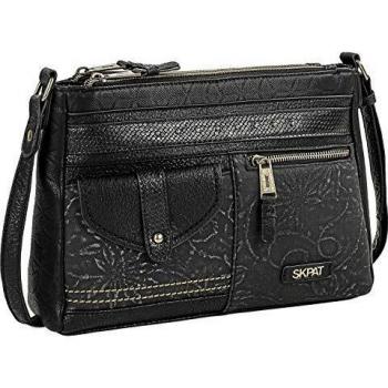 SKPAT - Bolso de Mujer Bandolera Ajustable. Bolsillos Delante y Detrás con Cremallera. Piel Sintética con Relieves y Texturas Florales Denim Casual. Ideal para Uso Diario 304633, Color Negro
