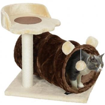 Árbol Rascador para Gatos PawHut de Aglomerado de Madera y Felpa Marrón Oscuro con Túnel, Plataforma, Bola de Juguete y Poste de Yute - 45x40x47