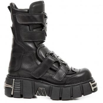 New Rock Unisex Metallic Black Leather Platform Gothic Mid-Calf Boots M-422-S1 Size EU 36