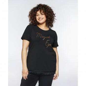 Camiseta de mujer Fiorella Rubino con bordado, borde de hilo y bajo calado con flecos