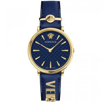 Versace V Circle Blue/Gold Leather Watch