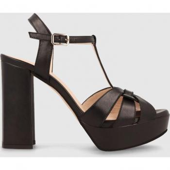 Lodi - Sandalias de tacón de mujer en piel con plataforma, color negro, detalle de tiras entrelazadas