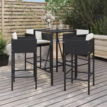 5 Piece Black Poly Rattan Garden Bar Set with Cushions