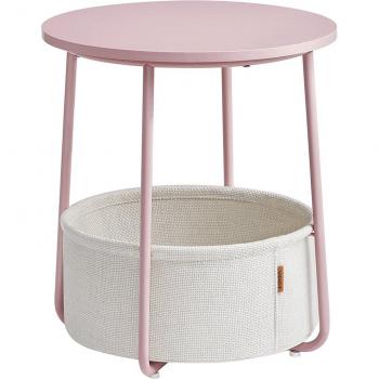 Mesa Auxiliar Redonda con Cesta de Tela - Espaciosa Mesa Lateral para Salón, Dormitorio o Mesita de Noche, Estilo Moderno, Disponible en Varios Colores